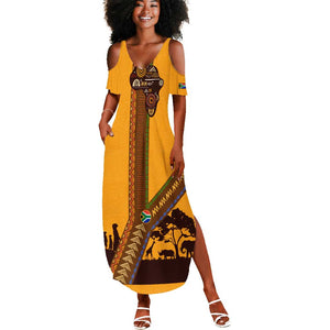 South Africa Flag Summer Maxi Dress Tribal Africa Heritage - Wildlife Silhouettes in Earthy