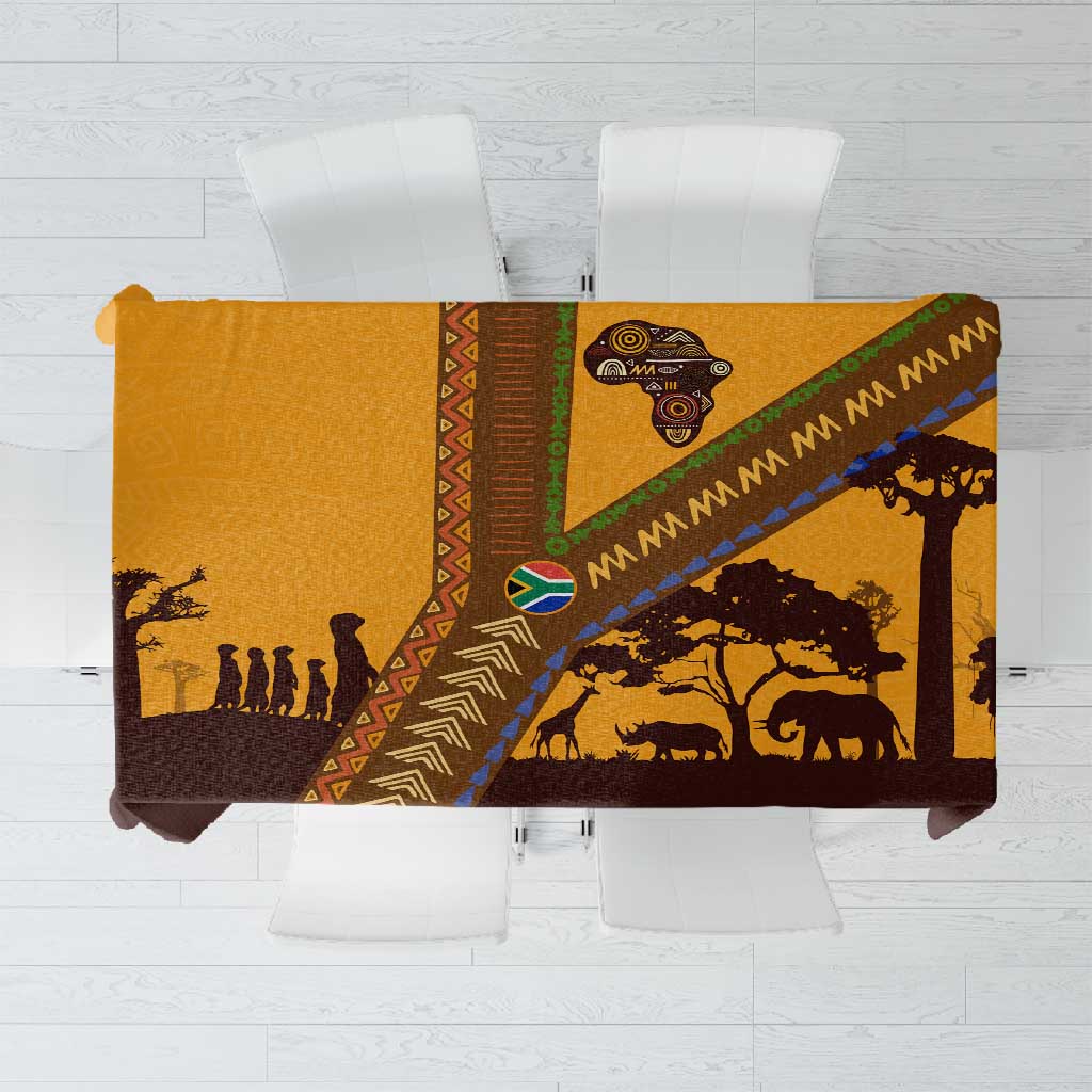 South Africa Flag Tablecloth Tribal Africa Heritage - Wildlife Silhouettes in Earthy