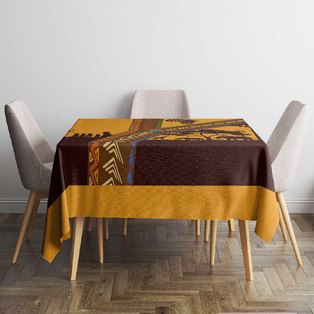 South Africa Flag Tablecloth Tribal Africa Heritage - Wildlife Silhouettes in Earthy
