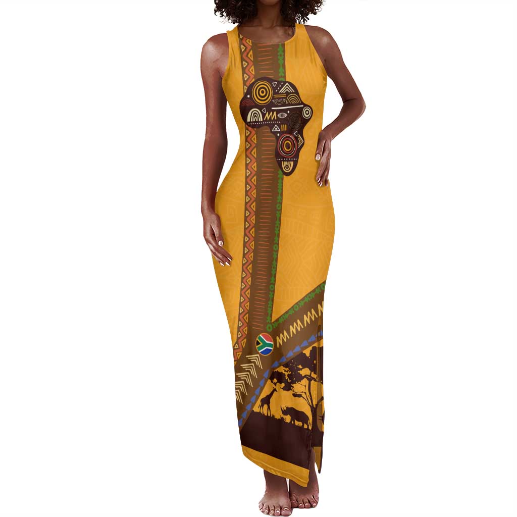 South Africa Flag Tank Maxi Dress Tribal Africa Heritage - Wildlife Silhouettes in Earthy