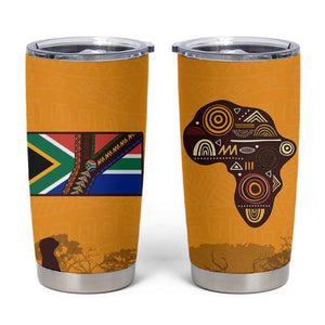 South Africa Flag Tumbler Cup Tribal Africa Heritage - Wildlife Silhouettes in Earthy