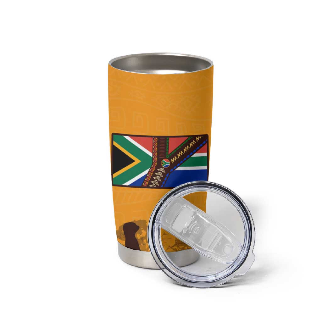 South Africa Flag Tumbler Cup Tribal Africa Heritage - Wildlife Silhouettes in Earthy