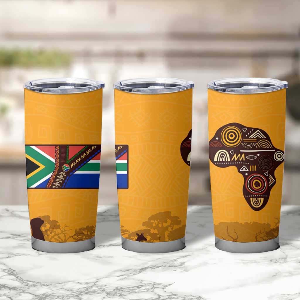 South Africa Flag Tumbler Cup Tribal Africa Heritage - Wildlife Silhouettes in Earthy