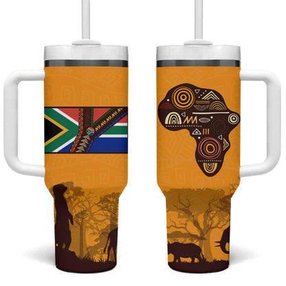 South Africa Flag Tumbler With Handle Tribal Africa Heritage - Wildlife Silhouettes in Earthy