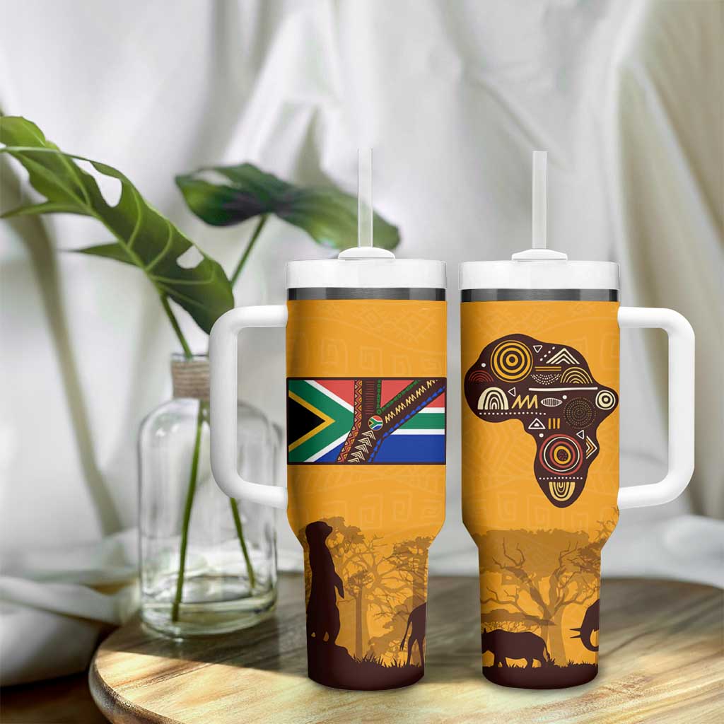 South Africa Flag Tumbler With Handle Tribal Africa Heritage - Wildlife Silhouettes in Earthy