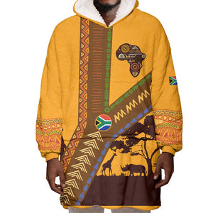 South Africa Flag Wearable Blanket Hoodie Tribal Africa Heritage - Wildlife Silhouettes in Earthy