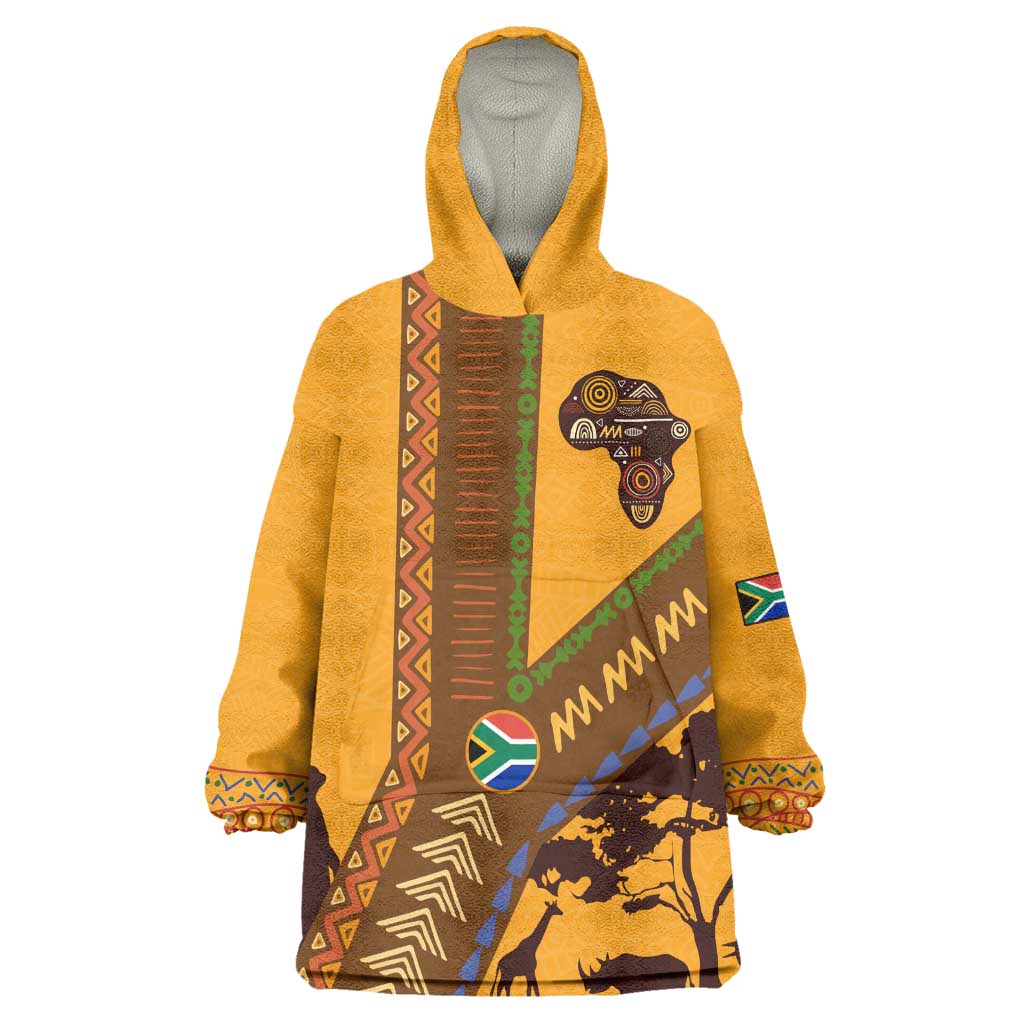 South Africa Flag Wearable Blanket Hoodie Tribal Africa Heritage - Wildlife Silhouettes in Earthy