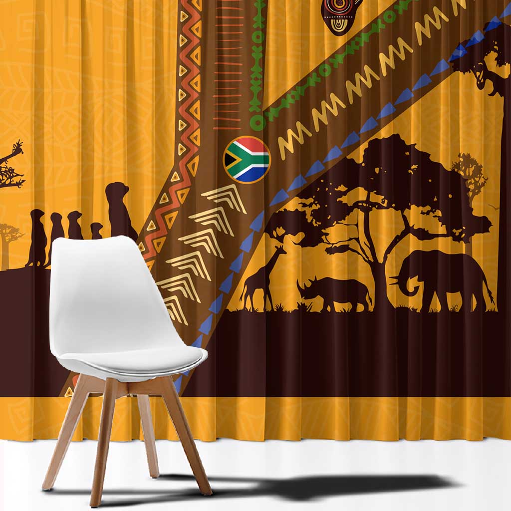 South Africa Flag Window Curtain Tribal Africa Heritage - Wildlife Silhouettes in Earthy