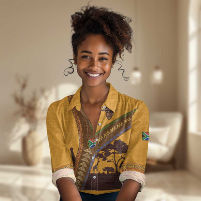 South Africa Flag Women Casual Shirt Tribal Africa Heritage - Wildlife Silhouettes in Earthy