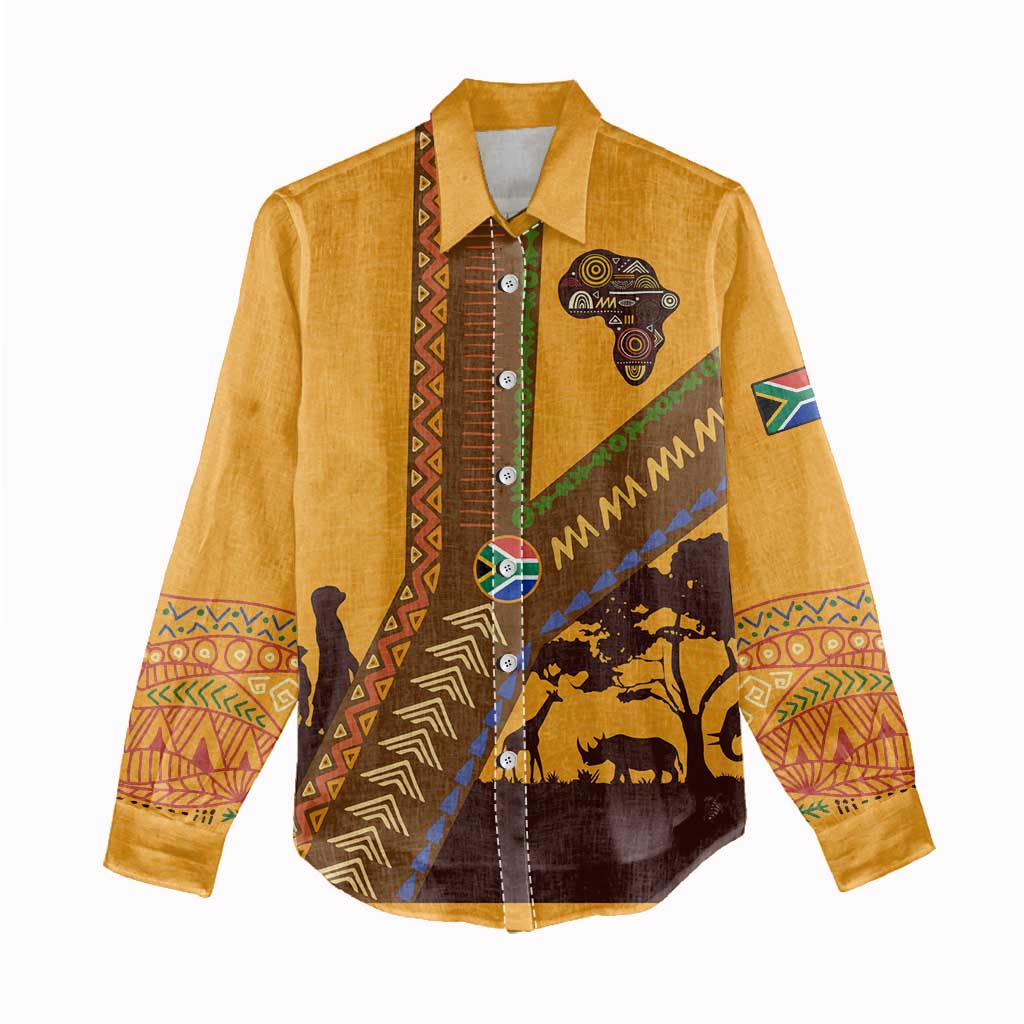 South Africa Flag Women Casual Shirt Tribal Africa Heritage - Wildlife Silhouettes in Earthy
