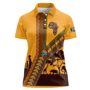 South Africa Flag Women Polo Shirt Tribal Africa Heritage - Wildlife Silhouettes in Earthy
