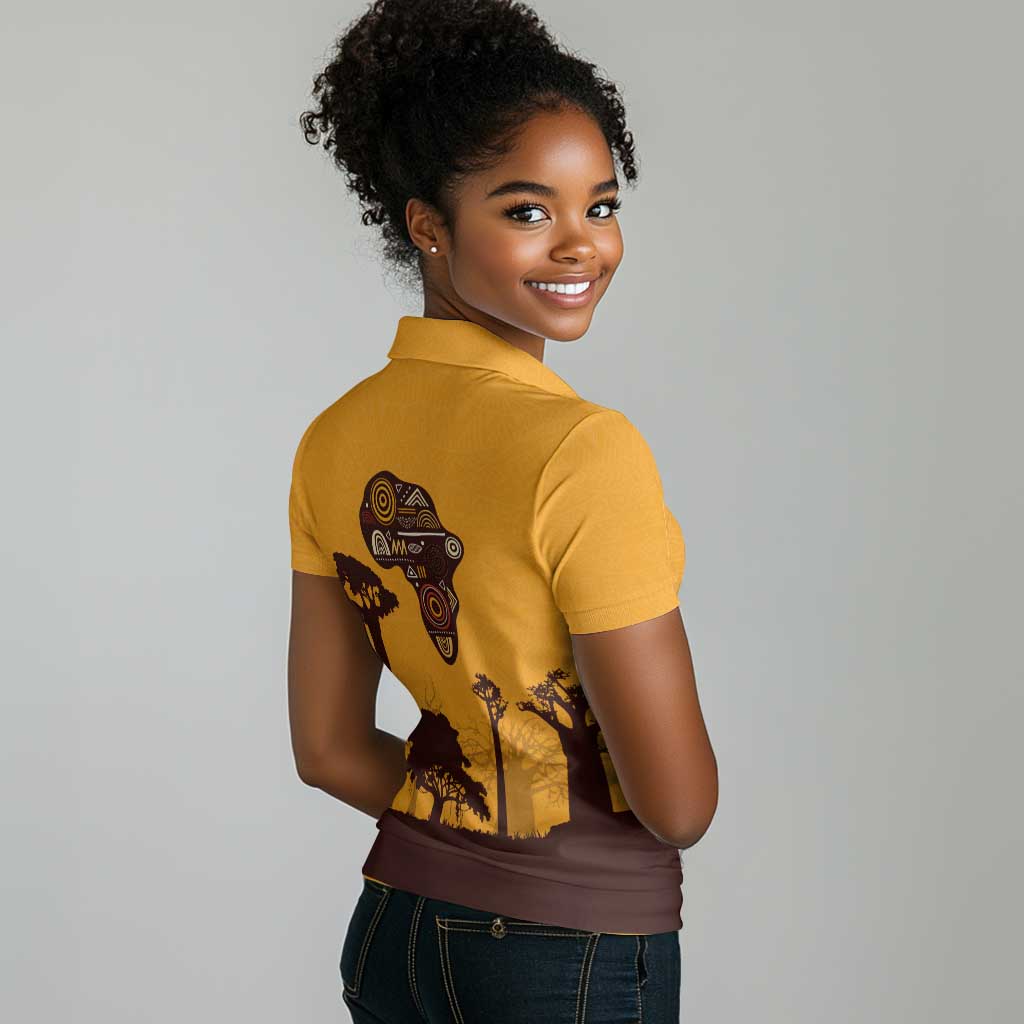 South Africa Flag Women Polo Shirt Tribal Africa Heritage - Wildlife Silhouettes in Earthy