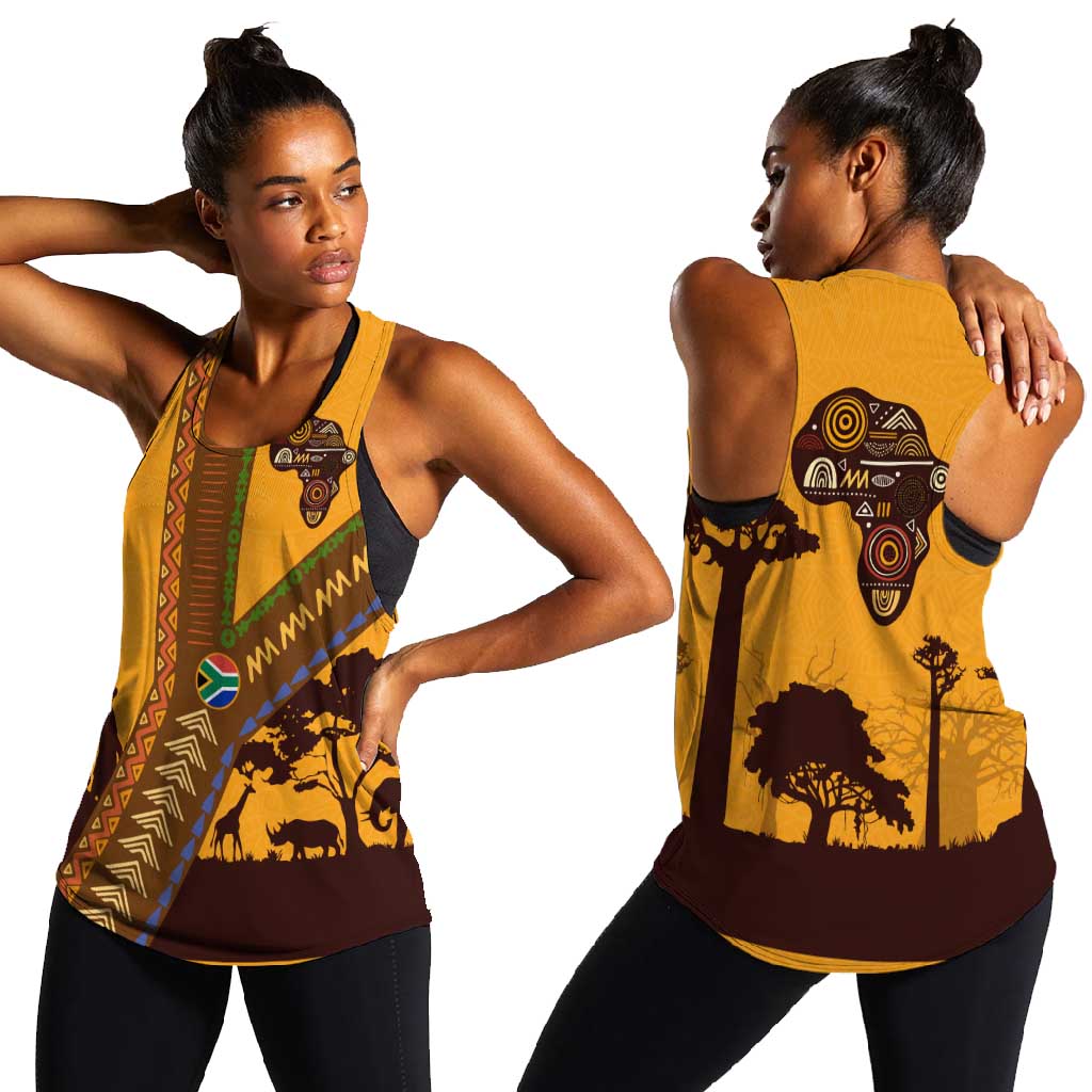 South Africa Flag Women Racerback Tank Tribal Africa Heritage - Wildlife Silhouettes in Earthy