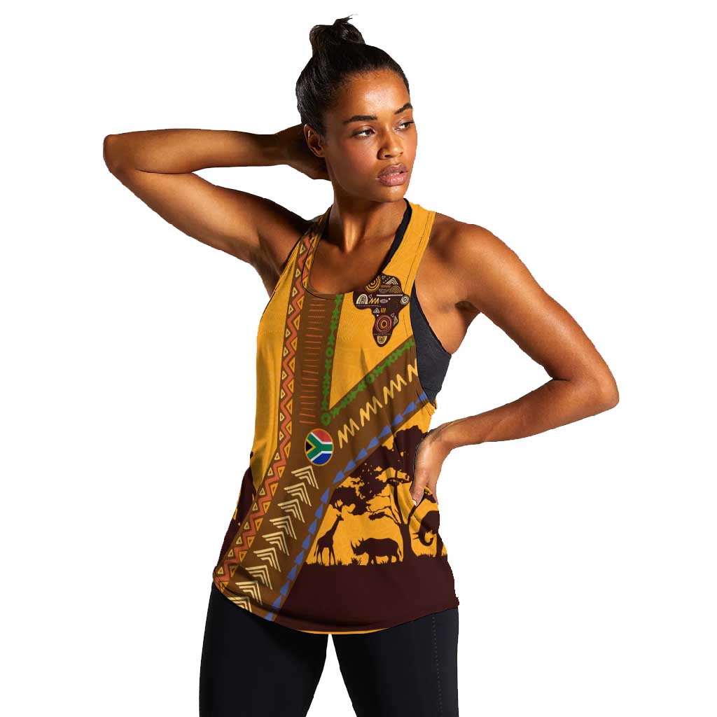 South Africa Flag Women Racerback Tank Tribal Africa Heritage - Wildlife Silhouettes in Earthy