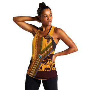 South Africa Flag Women Racerback Tank Tribal Africa Heritage - Wildlife Silhouettes in Earthy