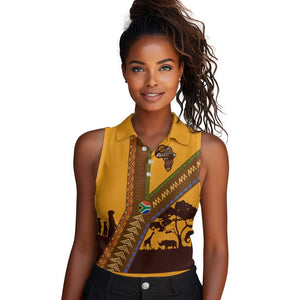 South Africa Flag Women Sleeveless Polo Shirt Tribal Africa Heritage - Wildlife Silhouettes in Earthy