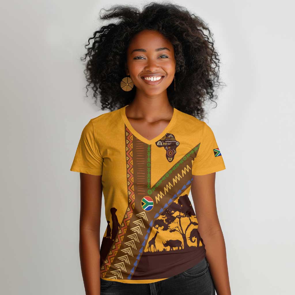 South Africa Flag Women V-Neck T-Shirt Tribal Africa Heritage - Wildlife Silhouettes in Earthy