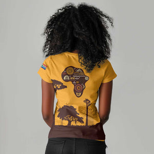South Africa Flag Women V-Neck T-Shirt Tribal Africa Heritage - Wildlife Silhouettes in Earthy