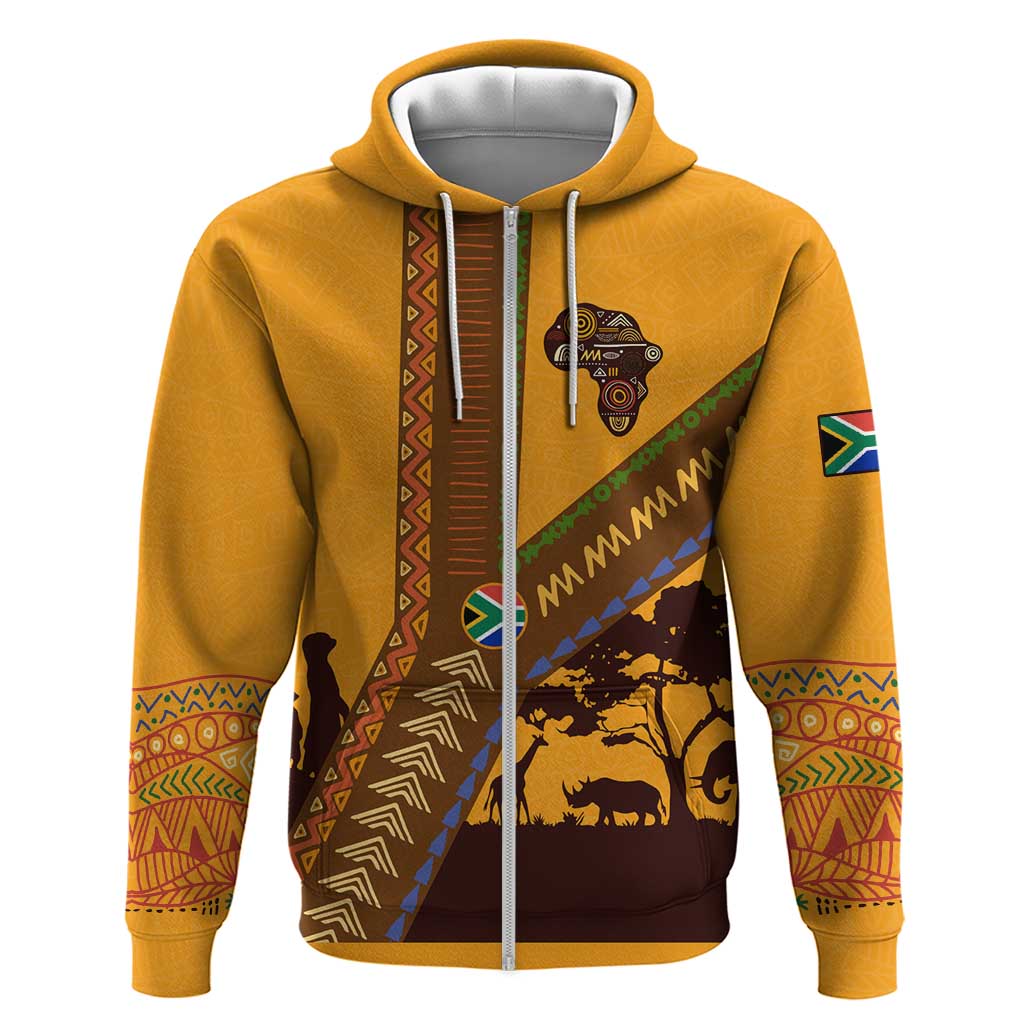 South Africa Flag Zip Hoodie Tribal Africa Heritage - Wildlife Silhouettes in Earthy