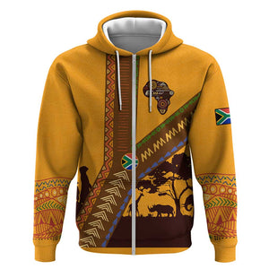 South Africa Flag Zip Hoodie Tribal Africa Heritage - Wildlife Silhouettes in Earthy