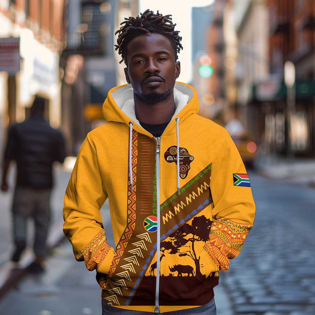 South Africa Flag Zip Hoodie Tribal Africa Heritage - Wildlife Silhouettes in Earthy