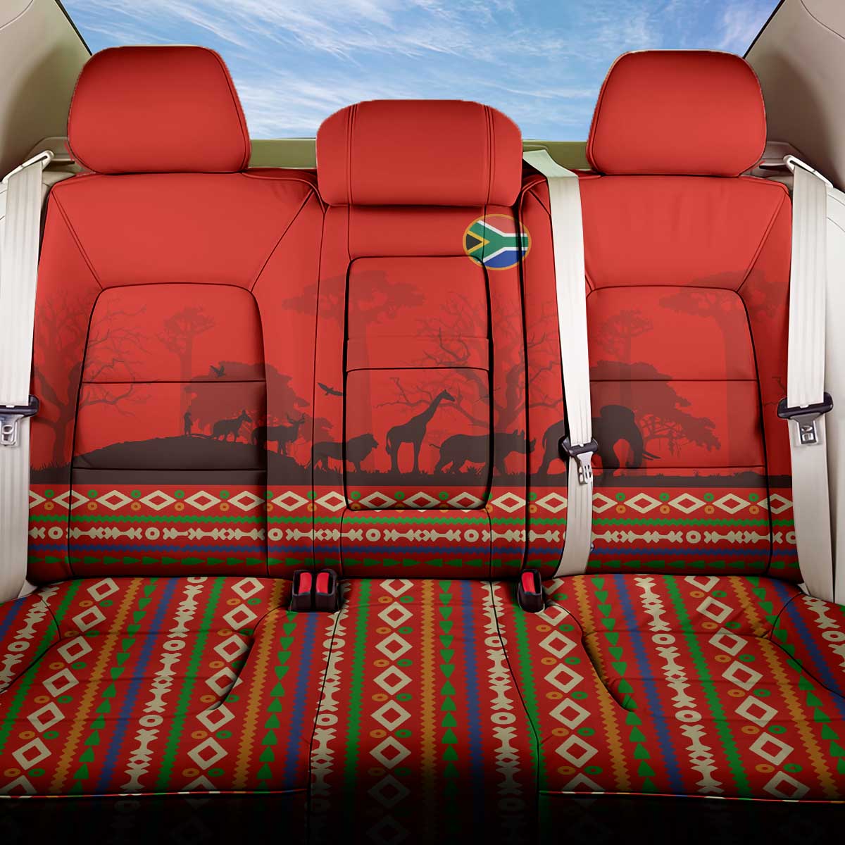 Wildlife South Africa Back Car Seat Cover Tribal Pattern National Flag Safari Silhouettes