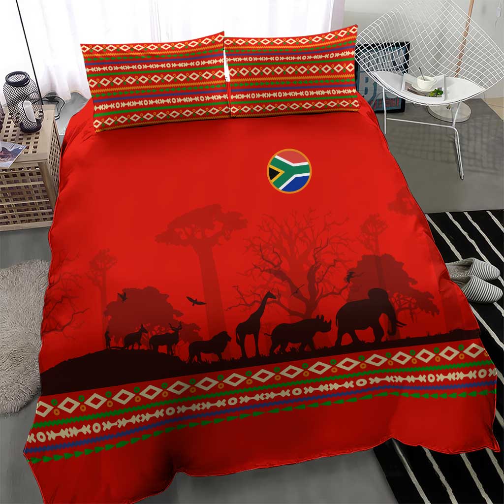 Wildlife South Africa Bedding Set Tribal Pattern National Flag Safari Silhouettes