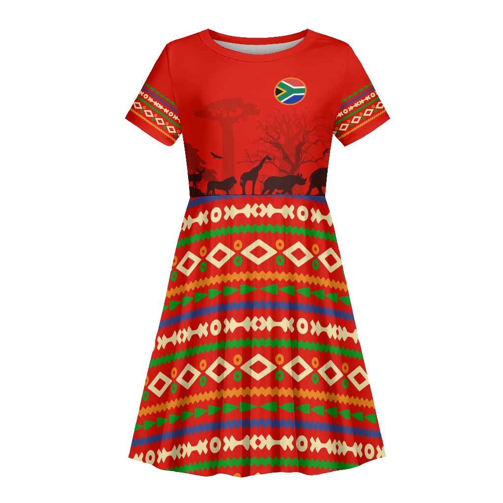 Wildlife South Africa Kid Short Sleeve Dress Tribal Pattern National Flag Safari Silhouettes