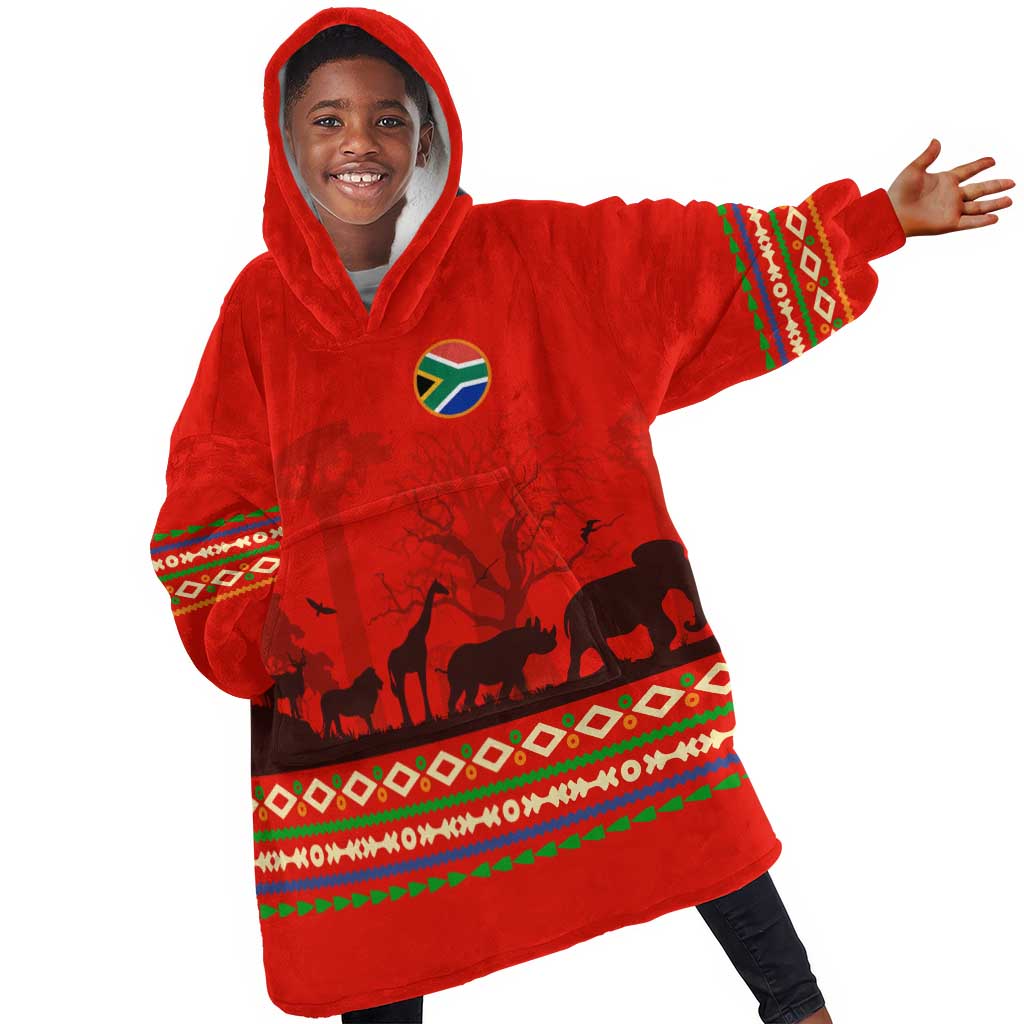 Wildlife South Africa Kid Wearable Blanket Hoodie Tribal Pattern National Flag Safari Silhouettes