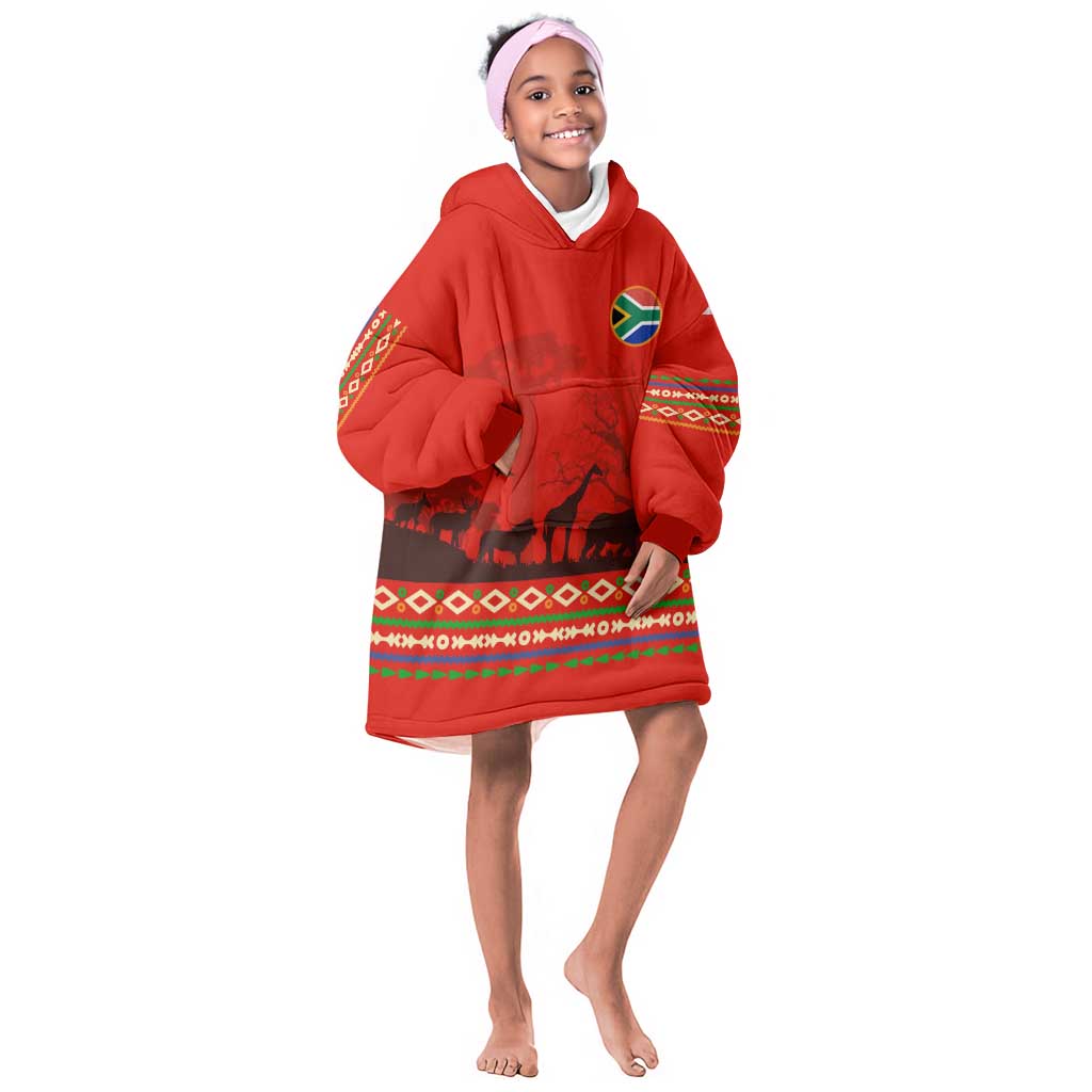 Wildlife South Africa Kid Wearable Blanket Hoodie Tribal Pattern National Flag Safari Silhouettes