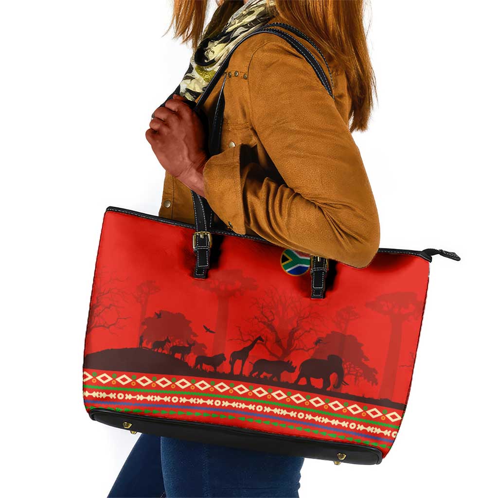 Wildlife South Africa Leather Tote Bag Tribal Pattern National Flag Safari Silhouettes
