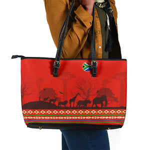 Wildlife South Africa Leather Tote Bag Tribal Pattern National Flag Safari Silhouettes