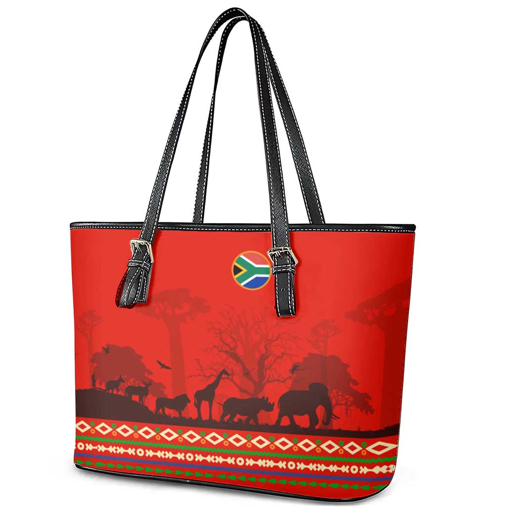 Wildlife South Africa Leather Tote Bag Tribal Pattern National Flag Safari Silhouettes
