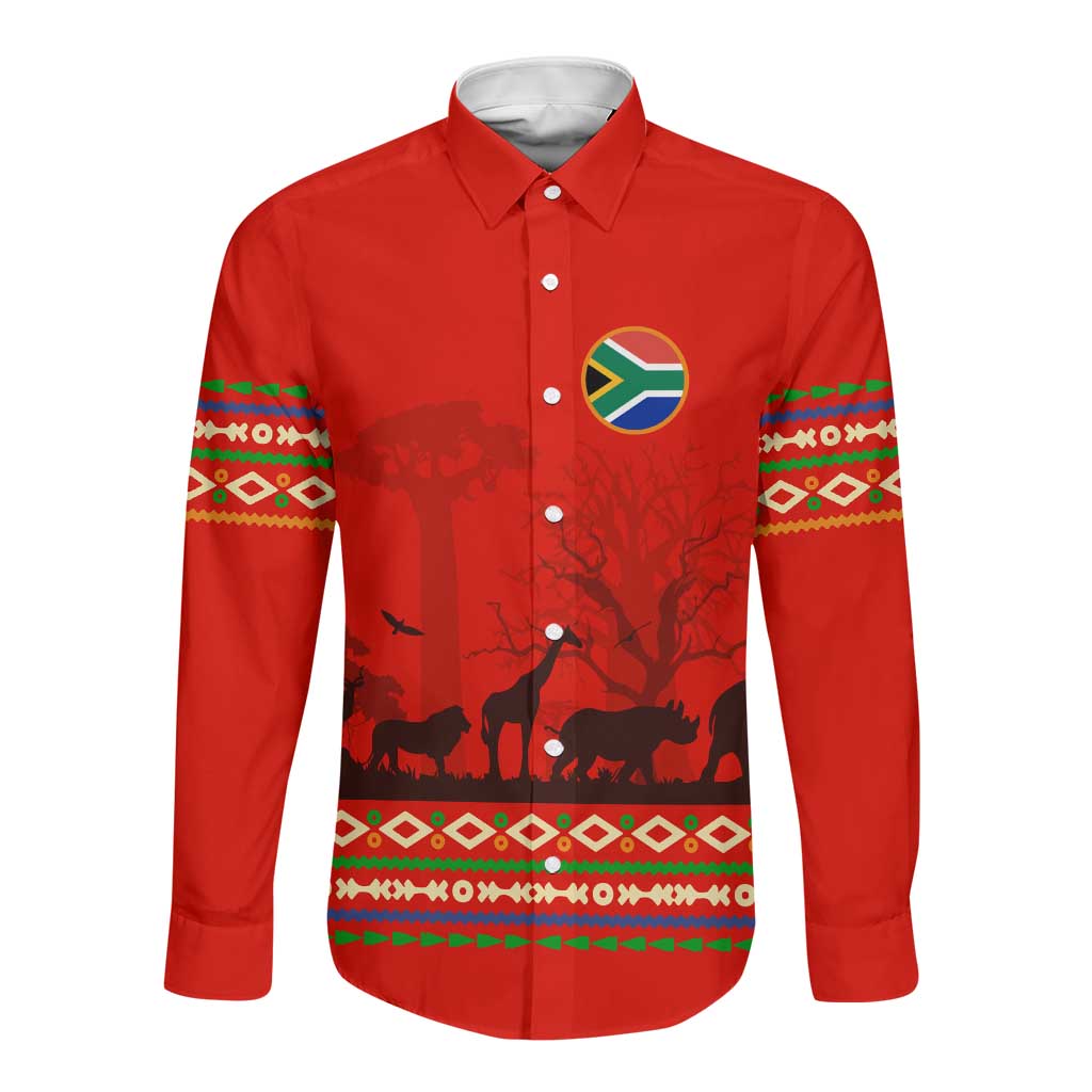 Wildlife South Africa Long Sleeve Button Shirt Tribal Pattern National Flag Safari Silhouettes
