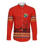 Wildlife South Africa Long Sleeve Button Shirt Tribal Pattern National Flag Safari Silhouettes