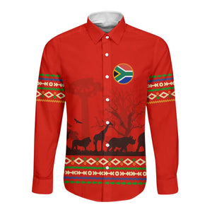 Wildlife South Africa Long Sleeve Button Shirt Tribal Pattern National Flag Safari Silhouettes