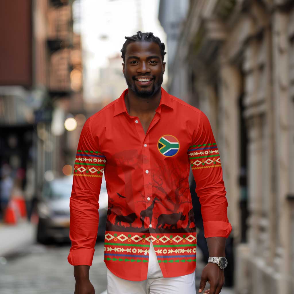 Wildlife South Africa Long Sleeve Button Shirt Tribal Pattern National Flag Safari Silhouettes