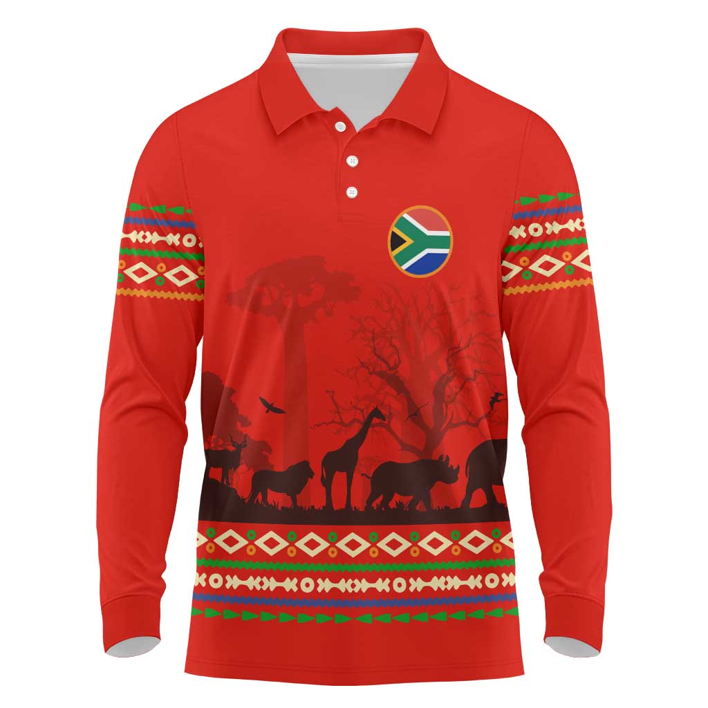Wildlife South Africa Long Sleeve Polo Shirt Tribal Pattern National Flag Safari Silhouettes