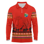 Wildlife South Africa Long Sleeve Polo Shirt Tribal Pattern National Flag Safari Silhouettes