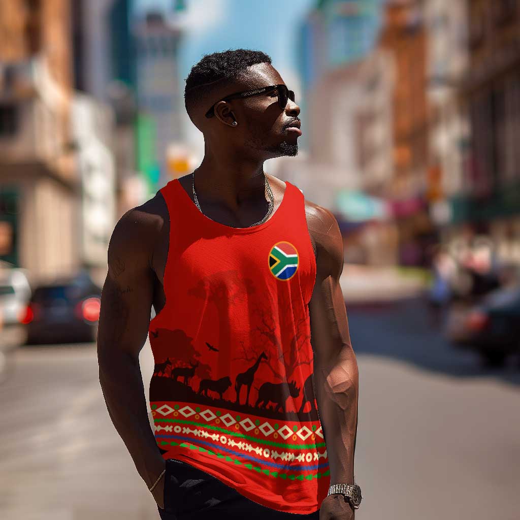 Wildlife South Africa Men Tank Top Tribal Pattern National Flag Safari Silhouettes