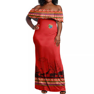 Wildlife South Africa Off Shoulder Maxi Dress Tribal Pattern National Flag Safari Silhouettes