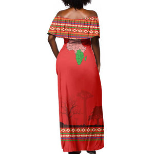 Wildlife South Africa Off Shoulder Maxi Dress Tribal Pattern National Flag Safari Silhouettes