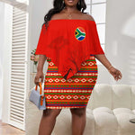 Wildlife South Africa Off Shoulder Short Dress Tribal Pattern National Flag Safari Silhouettes