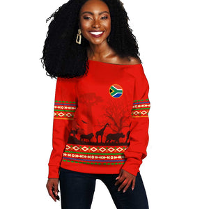 Wildlife South Africa Off Shoulder Sweater Tribal Pattern National Flag Safari Silhouettes