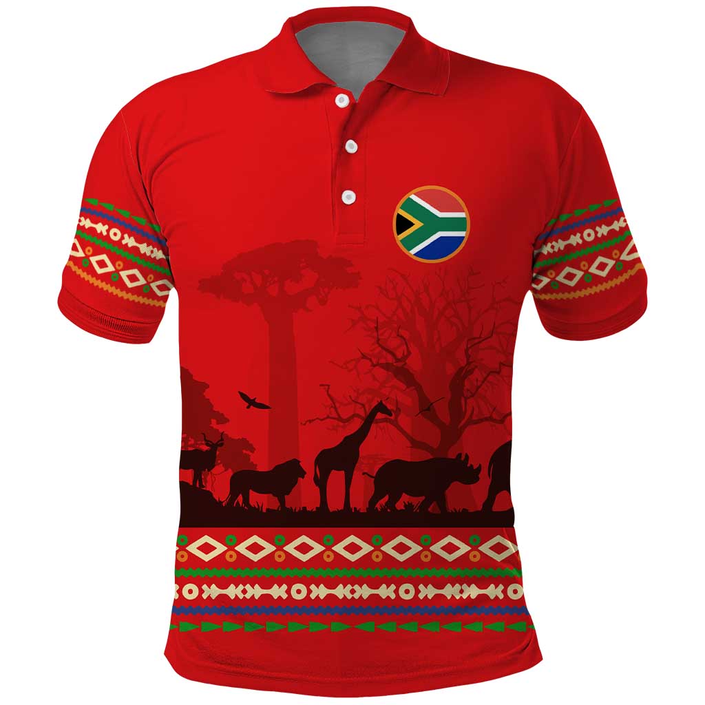 Wildlife South Africa Polo Shirt Tribal Pattern National Flag Safari Silhouettes