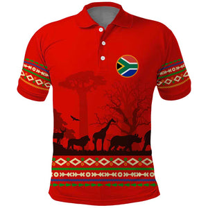 Wildlife South Africa Polo Shirt Tribal Pattern National Flag Safari Silhouettes
