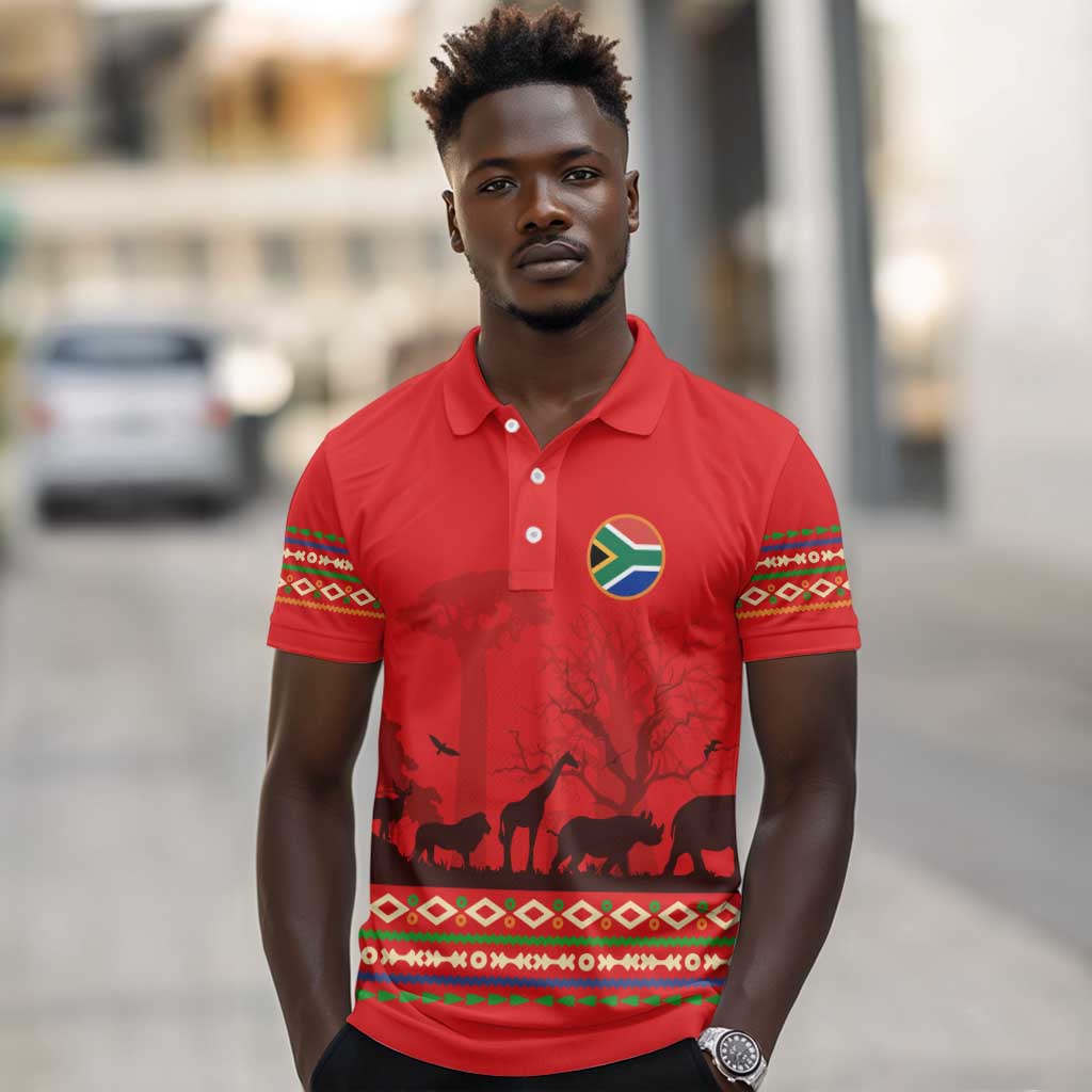 Wildlife South Africa Polo Shirt Tribal Pattern National Flag Safari Silhouettes