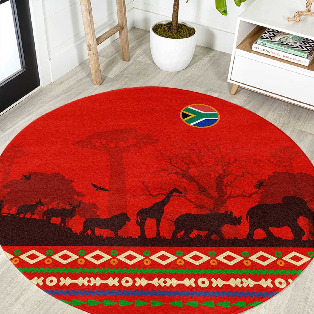 Wildlife South Africa Round Carpet Tribal Pattern National Flag Safari Silhouettes