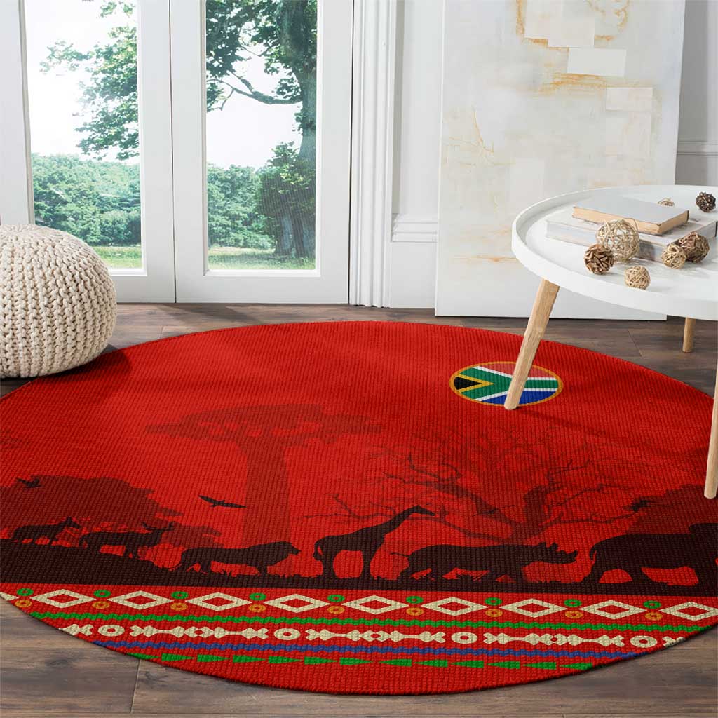 Wildlife South Africa Round Carpet Tribal Pattern National Flag Safari Silhouettes
