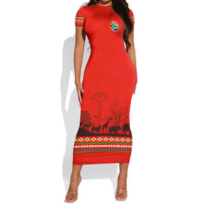 Wildlife South Africa Short Sleeve Bodycon Dress Tribal Pattern National Flag Safari Silhouettes TS04